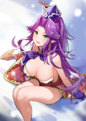 Rule 34 | 1girl, :d, angela (seiken densetsu 3), bare legs, bare shoulders, blurry, breasts, choker, cleavage, depth of field, dress, earrings, gloves, gold trim, green eyes, hat, highres, jewelry, large breasts, long hair, looking at viewer, mo xiaoxue, open mouth, pointy ears, ponytail, purple gloves, purple hair, red dress, seiken densetsu, seiken densetsu 3, sidelocks, sitting, smile, solo, strapless, strapless dress, thighs