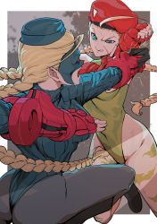 Rule 34 | 2girls, absurdres, ahoge, antenna hair, ass, beret, blonde hair, blue eyes, bodypaint, braid, cammy white, camouflage, capcom, covered navel, curvy, decapre, fighting, fingerless gloves, galbi (iouytuuyio), garrison cap, gloves, green leotard, hat, highleg, highleg leotard, highres, huge ahoge, huge ass, leotard, long hair, looking at another, mask, multiple girls, pantyhose, scar, serious, sleeveless, street fighter, sweatdrop, thong leotard, twin braids, violence, weapon, wide hips