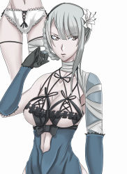 Rule 34 | 1girl, arm up, bad id, bad pixiv id, bandages, bow, braid, breasts, brown eyes, cleavage, elbow gloves, female focus, flower, gloves, grey hair, hair flower, hair ornament, highres, kaine (nier), large breasts, lingerie, murabito sono2, nier, nier (series), no pants, panties, parted lips, simple background, solo, underwear, white background