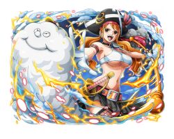 Rule 34 | 1other, bra, breasts, brown eyes, clima-tact, cloud, curvy, electricity, fishnet pantyhose, fishnets, large breasts, long hair, looking at viewer, low twintails, microskirt, midriff, nami (one piece), official art, one piece, one piece film: red, one piece treasure cruise, open mouth, orange hair, pantyhose, skirt, sword, twintails, underboob, underwear, upper body, weapon, white bra, wide hips, zeus (one piece)