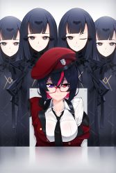 Rule 34 | 5girls, absurdres, beret, black hair, breasts, character request, expressionless, female commander (girls&#039; frontline), girls&#039; frontline, glasses, griffin &amp; kryuger, griffin &amp; kryuger military uniform, grifon &amp; kryuger, hat, heterochromia, highres, multicolored hair, multiple girls, nyto (generic) (girls&#039; frontline), nyto (girls&#039; frontline), adeline (girls&#039; frontline), one eye closed, paradeus, purple eyes, red eyes, red hair, smile, streaked hair, suspenders, two-tone hair, z.taiga