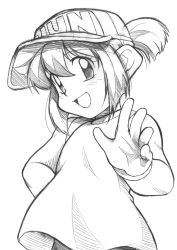 Rule 34 | 1girl, bakusou kyoudai let&#039;s &amp; go!!, bare shoulders, baseball cap, child, greyscale, hand on own hip, hat, looking at viewer, monochrome, open mouth, sagami jun, sagamimok, simple background, smile, solo, white background