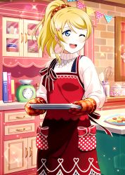 Rule 34 | 1girl, ;d, apron, ayase eli, bad id, bad pixiv id, blonde hair, blue eyes, blush, bow, hair between eyes, hair ornament, hair scrunchie, high ponytail, highres, holding, holding plate, indoors, ink (pixiv25450915), long hair, long sleeves, love live!, love live! school idol festival, love live! school idol project, mittens, one eye closed, open mouth, plate, print apron, red apron, red bow, red scrunchie, scrunchie, smile, solo, sparkle, standing, striped clothes, striped scrunchie, sweater, swept bangs, turtleneck, turtleneck sweater, white sweater