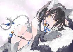 Rule 34 | 1girl, animal ear fluff, animal ears, animal hands, bare shoulders, bell, black hair, black panties, blue ribbon, blush, breasts, brown eyes, cat ears, cat tail, fake animal ears, fate/kaleid liner prisma illya, fate (series), feather hair ornament, feathers, gloves, grey gloves, grey thighhighs, grey vest, hair ornament, hairclip, jingle bell, long hair, looking at viewer, lying, miyu edelfelt, nanananana, navel, neck ribbon, on side, open mouth, panties, paw gloves, ribbon, small breasts, solo, tail, thighhighs, thighs, twintails, underwear, vest