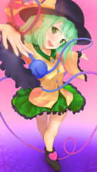 Rule 34 | 1girl, :d, absurdres, boots, bow, foreshortening, frills, full body, gradient background, green eyes, green hair, green skirt, hat, hat bow, hawatari2019, head tilt, heart, heart of string, highres, komeiji koishi, long sleeves, open mouth, purple background, reaching, reaching towards viewer, shirt, simple background, skirt, smile, solo, standing, teeth, third eye, touhou, upper teeth only, wide sleeves, yellow bow, yellow shirt