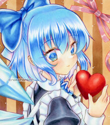 Rule 34 | 1girl, alternate costume, blue bow, blue eyes, blue hair, blush, bow, brown background, cirno, closed mouth, commentary request, detached wings, hair bow, heart, ice, ice wings, looking at viewer, maid, nekofish666, short hair, smile, solo, striped background, touhou, traditional media, twitter username, upper body, valentine, wings