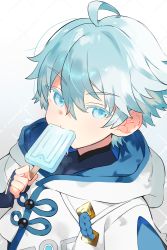 Rule 34 | 1boy, ahoge, argyle, argyle background, argyle clothes, blue eyes, blue hair, child, chongyun (genshin impact), commentary, eating, food, food in mouth, genshin impact, grey background, highres, hood, hoodie, light blue hair, looking at viewer, male focus, marui shiro, popsicle, popsicle in mouth, short hair, simple background, solo, upper body, white hoodie