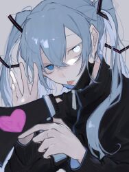 Rule 34 | 1girl, absurdres, aqua hair, black jacket, blue eyes, commentary, crossed bangs, diamond-shaped pupils, diamond (shape), grey background, hair between eyes, hatsune miku, heart, heterochromia, highres, holding, holding megaphone, jacket, kajiwara 3, long hair, long sleeves, looking at viewer, mask, mask pull, megaphone, mouth mask, sidelocks, simple background, solo, symbol-shaped pupils, tongue, tongue out, twintails, upper body, vocaloid, waving, white eyes, zipper pull tab
