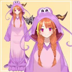 Rule 34 | 1girl, ^ ^, animal costume, animated, blinking, blonde hair, blunt bangs, blush, border, bow, braid, bright pupils, closed eyes, cosplay, diagonal-striped bow, dragon costume, dragon girl, dragon hood, dragon horns, dragon tail, full body, hololive, hood, hood up, horn bow, horn ornament, horns, kigurumi, kiryu coco, kiryu coco (dragon onesie), kiryu coco (dragon), live2d, long hair, looking at viewer, low twin braids, low twintails, mascot costume, megajujube, multicolored eyes, multicolored hair, multiple views, official alternate costume, official art, open mouth, orange hair, outside border, pointy ears, purple eyes, red eyes, sidelocks, simple background, slit pupils, smile, standing, streaked hair, striped, striped bow, tail, twin braids, twintails, upper body, video, virtual youtuber, white border, white pupils, yaman, yellow background, zoom layer