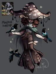 Rule 34 | 1girl, bandaged arm, bandages, bare shoulders, belt, belt buckle, bird, bird on hand, brown hair, brown pants, buckle, character name, cloak, closed eyes, commentary, curly hair, english commentary, feefal, full body, gradient hat, highres, holding, ink, magpie, mushroom, mushroom girl, mushroom hat, original, pants, personification, signature, simple background, sleeveless, sleeveless turtleneck, smile, turtleneck