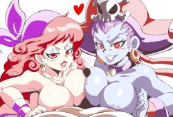 Rule 34 | 1boy, 2girls, bandana, blue skin, blush, breasts, captain syrup, choker, colored skin, commission, cooperative paizuri, crossover, cum, curly hair, earrings, eyeshadow, ffm threesome, forehead, grin, group sex, hat, heart, highres, jewelry, large breasts, lewdamone, lipstick, long hair, looking at viewer, makeup, multiple girls, nintendo, nipples, nude, paizuri, penis, pirate, purple hair, purple skin, red eyes, red hair, risky boots, shantae (series), shiny skin, smile, tagme, threesome, wario land, wayforward
