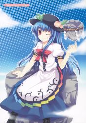 Rule 34 | 1girl, balancing, blue hair, boots, bow, cloud, day, dress, female focus, food, fruit, hat, highres, hinanawi tenshi, kanan, keystone, long hair, non-web source, one eye closed, peach, red eyes, sitting, solo, touhou, translation request, wink