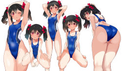 Rule 34 | 1girl, armpits, arms behind head, arms up, ass, barefoot, black hair, blue one-piece swimsuit, bow, breasts, competition swimsuit, hair bow, highres, kurokawa makoto, looking at viewer, love live!, love live! school idol project, multiple views, one-piece swimsuit, one eye closed, red bow, red eyes, short hair, simple background, sitting, small breasts, standing, swimsuit, twintails, wariza, white background, yazawa nico