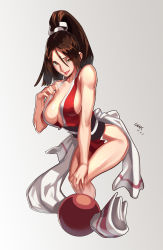 Rule 34 | breasts, brown eyes, brown hair, cleavage, folded fan, fatal fury, folding fan, hair between eyes, hand fan, hand on own knee, highres, japanese clothes, l.k, large breasts, lips, lipstick, looking at viewer, makeup, pelvic curtain, ponytail, revealing clothes, shiranui mai, sideboob, solo, the king of fighters