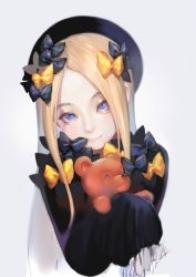 Rule 34 | 1girl, abigail williams (fate), absurdres, black bow, black dress, black hat, blonde hair, blue eyes, bow, closed mouth, dress, eyelashes, fate/grand order, fate (series), hair bow, hat, head tilt, highres, holding, holding stuffed toy, long hair, long sleeves, looking at viewer, multiple hair bows, orange bow, parted bangs, polka dot, polka dot bow, simple background, sleeves past fingers, sleeves past wrists, smile, solo, stuffed animal, stuffed toy, teddy bear, toma (me666nm), white background