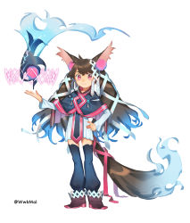 Rule 34 | 1girl, animal ears, ankle boots, bad id, bad pixiv id, black capelet, black thighhighs, blue fire, boots, brown footwear, brown hair, capelet, closed mouth, dress, fire, hair between eyes, hair ribbon, hand on own hip, highres, long hair, long sleeves, looking at viewer, original, pink eyes, pink ribbon, pleated dress, ribbon, simple background, solo, standing, tail, tail ornament, tail ribbon, thighhighs, twintails, twitter username, very long hair, white background, white dress, white ribbon, yai (hachihito)