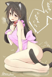 Rule 34 | 10s, 1girl, animal ears, apron, bad id, bad pixiv id, barefoot, black hair, blush, breasts, breath, brown hair, cat ears, cat tail, collar, covered erect nipples, drooling, feet, hair ornament, hairclip, haruna (kancolle), kantai collection, kemonomimi mode, long hair, medium breasts, naked apron, simple background, solo, tail, tail censor, takehana note, toe scrunch, toes, translation request, trembling, twitter username