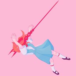 Rule 34 | 1girl, arms up, artist name, bad id, bad twitter id, bident, black footwear, blue dress, commentary, dress, english commentary, full body, lance of longinus (evangelion), long hair, mary janes, neon genesis evangelion, pink background, polearm, red hair, school uniform, shirt, shoes, simple background, socks, solo, souryuu asuka langley, the end of evangelion, tokyo-3 middle school uniform, vitamincera, white shirt, white socks