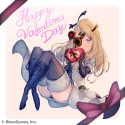 Rule 34 | 1girl, black gloves, blonde hair, blue eyes, boots, box, cross-laced footwear, elbow gloves, eyepatch, gloves, heart-shaped box, lace-up boots, little noah, long hair, no nose, noah (little noah), official art, simple background, solo, striped clothes, striped thighhighs, thighhighs, valentine, vertical-striped clothes, vertical-striped thighhighs, yoshida akihiko, zettai ryouiki