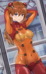 Rule 34 | 1girl, arms behind head, blue eyes, bodysuit, breasts, brown hair, covered navel, evangelion: 2.0 you can (not) advance, eyelashes, hair between eyes, hair ornament, highres, interface headset, long hair, looking at viewer, moshoko (mizuneroku), neon genesis evangelion, plugsuit, rebuild of evangelion, red bodysuit, shiny clothes, solo, souryuu asuka langley, test plugsuit, turtleneck, twintails