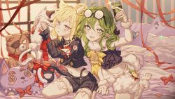 Rule 34 | 2girls, animal, animal ears, artist request, benghuai xueyuan, blonde hair, blush, cat, cat ears, cat girl, cat tail, elf, full body, glasses, green eyes, green hair, highres, holding, holding animal, honkai (series), multiple girls, ninti apokalypse, official art, on bed, phone, pointy ears, purple eyes, second-party source, seiza, selfie, sitting, smile, stuffed animal, stuffed toy, tail, tongue, tongue out, yssring leavtruth