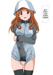 Rule 34 | 10s, 1girl, black thighhighs, blush, bottomless, breasts, brown eyes, brown hair, cosplay, girls und panzer, hard-translated, hat, highres, jacket, long hair, looking at viewer, marimotencho, mika (girls und panzer), mika (girls und panzer) (cosplay), naked jacket, open mouth, simple background, solo, standing, sweat, takebe saori, tears, thighhighs, third-party edit, track jacket, translated, white background