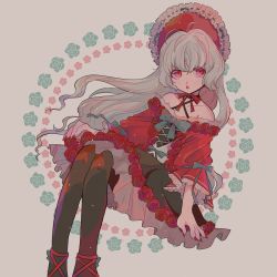 Rule 34 | 1girl, aqua flower, black legwear, bonnet, character request, collarbone, commentary request, copyright request, dress, flat chest, flower, frills, hat, hat ribbon, highres, invisible chair, long sleeves, nail polish, narumame, open mouth, red flower, red hat, red nails, ribbon, rose, sitting, solo