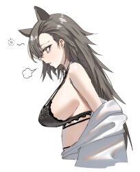 Rule 34 | 1girl, animal ears, arknights, bare shoulders, black bra, bra, breasts, brown eyes, brown hair, from side, highres, horn/wood, large breasts, long hair, mole, mole above eye, open clothes, open shirt, parted lips, penance (arknights), profile, shirt, sideboob, simple background, solo, strap gap, underwear, white background, white shirt, wolf ears