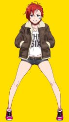 Rule 34 | 10s, 1girl, belt, blue eyes, choker, grin, hands in pockets, idolmaster, idolmaster million live!, jewelry, julia (idolmaster), looking at viewer, necklace, pink footwear, puge, red hair, shirt, shoes, short hair, short shorts, shorts, simple background, smile, sneakers, solo, star (symbol), studded belt, torn clothes, torn shirt, yellow background