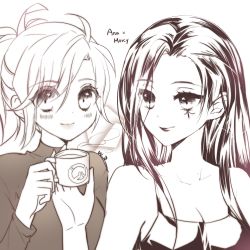Rule 34 | 2girls, aged down, alternate costume, ana (overwatch), artist name, bare shoulders, blush, breasts, cleavage, closed mouth, cup, eyes visible through hair, facial mark, greyscale, holding, holding cup, kaoruru (sakuno2911), long hair, looking at viewer, medium breasts, mercy (overwatch), monochrome, multiple girls, overwatch, overwatch 1, ponytail, signature, smile, sweater, yuri