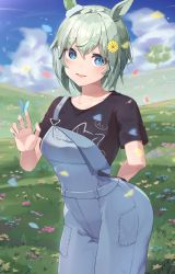 Rule 34 | 1girl, absurdres, animal ears, arm behind back, black shirt, blue eyes, blush, bug, butterfly, butterfly on hand, contrapposto, cowboy shot, ear covers, field, fingernails, flower, flower field, green hair, hair flower, hair ornament, highres, horse ears, insect, looking at viewer, outdoors, overalls, parted lips, ringopan, seiun sky (umamusume), shirt, short hair, smile, solo, t-shirt, umamusume