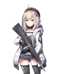 Rule 34 | 1girl, aa-12, aa-12 (girls&#039; frontline), absurdres, ahoge, automatic shotgun, black gloves, black hat, black shorts, black thighhighs, blue eyes, blush, buckle, character name, closed mouth, combat shotgun, commentary, cowboy shot, drum magazine, girls&#039; frontline, gloves, grey jacket, gun, hair between eyes, hair ornament, hat, high-capacity magazine, highres, holding, holding gun, holding weapon, hood, hood down, hooded jacket, jacket, light brown hair, long hair, magazine (weapon), name connection, object namesake, open clothes, open jacket, short shorts, shorts, shotgun, simple background, snap-fit buckle, sob (submar1089), solo, star (symbol), star hair ornament, thighhighs, trigger discipline, weapon, white background