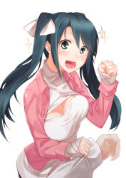 Rule 34 | 10s, 1girl, alternate costume, black eyes, black hair, blush, breasts, cleavage cutout, clenched hand, clothing cutout, hair ribbon, highres, isuzu (kancolle), kantai collection, large breasts, long hair, looking at viewer, meme attire, open-chest sweater, open mouth, pino (birthdayparty), pov, ribbon, solo, solo focus, sparkle, sweatdrop, sweater, turtleneck, twintails