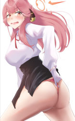 Rule 34 | 1girl, adjusting clothes, adjusting panties, aru (blue archive), ass, bad id, bad twitter id, black skirt, blue archive, blunt bangs, blush, breasts, butt crack, collared shirt, gloves, halo, highres, horns, ibara azuki, large breasts, long hair, long sleeves, looking at viewer, neck ribbon, open mouth, panties, pencil skirt, pink hair, ribbon, shirt, side slit, skirt, solo, thighs, underwear, wedgie, white background, white gloves, white shirt, yellow eyes