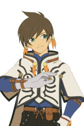 Rule 34 | 10s, 1boy, bad id, bad pixiv id, belt, brown hair, cape, earrings, gloves, green eyes, halto, jewelry, male focus, shirt, smile, solo, sorey (tales), tales of (series), tales of zestiria, white background