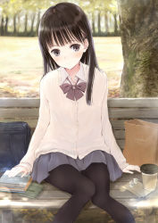 Rule 34 | 1girl, arms at sides, bag, bench, black eyes, black hair, black pantyhose, blush, book, book stack, bow, bowtie, cardigan, coffee cup, commentary request, cup, day, disposable cup, fujita hidetoshi, grey skirt, head tilt, highres, knees together feet apart, legs together, long hair, long sleeves, looking at viewer, miniskirt, napkin, original, outdoors, pantyhose, paper bag, park, park bench, school bag, school uniform, sitting, skirt, sleeves past wrists, smile, solo, striped bow, striped bowtie, striped clothes, striped neckwear, sweater, tree, unbuttoned, wing collar