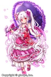 Rule 34 | 1girl, absurdres, akino coto, company name, demon girl, detached sleeves, dress, frilled umbrella, frills, highres, horns, long hair, magia break, md5 mismatch, official art, original, parasol, pink hair, pink horns, pointy ears, red eyes, resolution mismatch, simple background, solo, source smaller, twintails, umbrella, very long hair, white background
