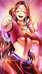 Rule 34 | 1girl, breasts, brown hair, cheering, closed eyes, female focus, gold, happy, highres, indian clothes, indian style, jewelry, large breasts, midriff, navel, ornament, pale skin, parvati (shuumatsu no valkyrie), shuumatsu no valkyrie, sitting, smile, solo, underboob