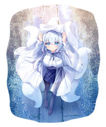 Rule 34 | 1girl, animal ear fluff, animal ears, arms up, black pantyhose, blue eyes, blue ribbon, blue skirt, breasts, brown footwear, closed mouth, collared shirt, commentary request, dress shirt, fox ears, fox tail, from above, grey hair, highres, jacket, kitsune, large breasts, loafers, long sleeves, neck ribbon, open clothes, open jacket, original, outdoors, pantyhose, plaid, plaid skirt, rain, ribbon, satsuki yukimi, see-through, shirt, shoes, skirt, solo, standing, tail, white shirt, wide sleeves