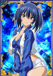 Rule 34 | 00s, 1girl, bashoku youjou, blue hair, blush, breasts, card (medium), cleavage, female focus, hair ornament, ikkitousen, large breasts, leaning forward, looking at viewer, midriff, purple eyes, short shorts, short twintails, shorts, smile, solo, standing, twintails