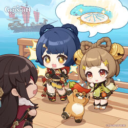 Rule 34 | 3girls, absurdres, beidou (genshin impact), bell, black footwear, black gloves, blue hair, boat, boots, braided hair rings, brown eyes, brown hair, chibi, cloud, commentary, copyright name, day, dot nose, dress, english commentary, fingerless gloves, flying sweatdrops, food, genshin impact, gloves, guoba (genshin impact), hair bell, hair ornament, hairclip, hand on own hip, hands up, highres, holding, holding food, leaning forward, light brown hair, looking at another, multiple girls, ocean, official art, open mouth, outdoors, raised eyebrows, smile, sparkle, sparkling eyes, standing, sweatdrop, tassel, watercraft, xiangling (genshin impact), yaoyao (genshin impact)
