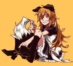 Rule 34 | 1girl, animal ears, blonde hair, bloomers, blouse, boots, bow, braid, dog ears, dog tail, full body, grin, hair bow, holding own tail, hosomitimiti, kirisame marisa, long hair, looking at viewer, no headwear, no headwear, shirt, side braid, sitting, skirt, smile, socks, solo, tail, touhou, underwear, yellow background, yellow eyes