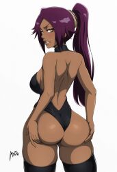 Rule 34 | 1girl, alternate costume, ass, black leotard, black thighhighs, bleach, blush, breasts, highleg, highleg leotard, highres, huge ass, large breasts, leotard, long hair, looking at viewer, looking back, mistowing, official alternate costume, ponytail, purple hair, shihouin yoruichi, shiny skin, simple background, smile, solo, thighhighs, thong leotard, white background, wide hips, yellow eyes