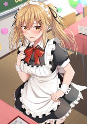 Rule 34 | 1girl, alternate costume, apron, black dress, black thighhighs, blonde hair, bow, breasts, brown eyes, chair, collared dress, commentary request, dress, enmaided, frilled apron, frilled dress, frills, garter straps, hair between eyes, hair ornament, hairclip, highres, indoors, komori kuzuyu, long hair, looking at viewer, maid, maid apron, maid headdress, medium breasts, nao (kuzuyu), original, parted lips, puffy short sleeves, puffy sleeves, red bow, short sleeves, solo, table, thighhighs, twintails, white apron, wooden floor, wrist cuffs, x hair ornament