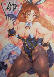 Rule 34 | 1girl, alternate costume, bare shoulders, blush, breasts, brown eyes, brown hair, cleavage, curvy, dead or alive, fatal fury, female focus, hand fan, highleg, highleg leotard, highres, holding, holding fan, large breasts, leotard, long hair, looking at viewer, matching hair/eyes, muscular, muscular female, nenju anarogu ninjen, official alternate costume, open mouth, pantyhose, playboy bunny, ponytail, rabbit ears, shiny clothes, shiranui mai, sleeveless, smile, the king of fighters, thick thighs, thighs, thong leotard, traditional media, very long hair, wide hips