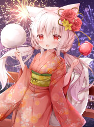 Rule 34 | 1girl, absurdres, aerial fireworks, animal ears, blush, candy apple, cotton candy, fireworks, food, fox ears, fox girl, fox tail, hair ornament, highres, holding, holding food, japanese clothes, kanzashi, kimono, long hair, long sleeves, looking at viewer, low twintails, night, night sky, obi, open mouth, original, outdoors, red eyes, sash, sky, smile, solo, star (sky), starry sky, tail, twintails, very long hair, white hair, wide sleeves, yuduki pdx, yukata
