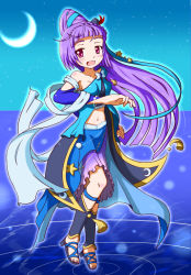 Rule 34 | 1girl, bare shoulders, commentary request, crescent, crescent moon, cure magical, cure magical (sapphire style), cure magical sapphire style, full body, izayoi liko, long hair, looking at viewer, magical girl, mahou girls precure!, moon, navel, precure, riko (mahou girls precure!), sandals, solo, star (symbol), wide ponytail, yuta (yuyuyu8)
