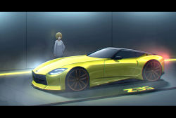 Rule 34 | 1girl, blonde hair, car, chromatic aberration, commentary request, hand on own hip, headlight, highres, kai55, letterboxed, looking down, motor vehicle, nissan, nissan fairlady z, nissan z proto, original, revision, short hair, solo focus, sports car, vehicle focus