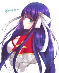 Rule 34 | blue eyes, blue hair, blush, breasts, capelet, dress, fate/grand order, fate (series), from side, hair ribbon, highres, large breasts, long sleeves, looking at viewer, looking to the side, martha (fate), red capelet, ribbon, simple background, solo, tanaji, twitter username, upper body, white background, white dress, white ribbon