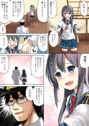 Rule 34 | 10s, 1boy, 1girl, ^^^, admiral (kancolle), arai harumaki, bespectacled, black hair, blue eyes, blush, borrowed clothes, comic, dress, flying sweatdrops, glasses, grey hair, holding hands, hat, hetero, kantai collection, no eyewear, o o, ooyodo (kancolle), open mouth, peaked cap, sailor collar, sailor dress, short hair, skirt, thighhighs, translation request
